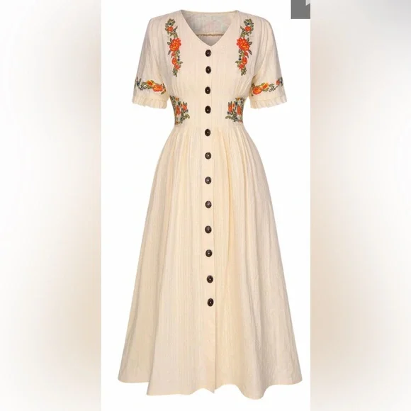 Adorable Embroidered Cotton button up dress Vintage inspired - Picture 1 of 8